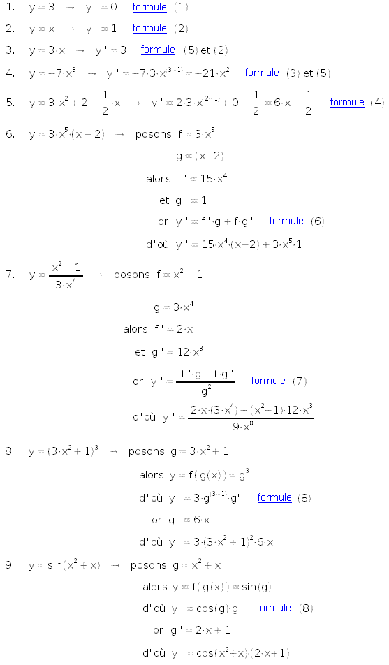 calcul de dérivée - formule de dérivation - formules de dérivée - dérivées - derivee - dérivé